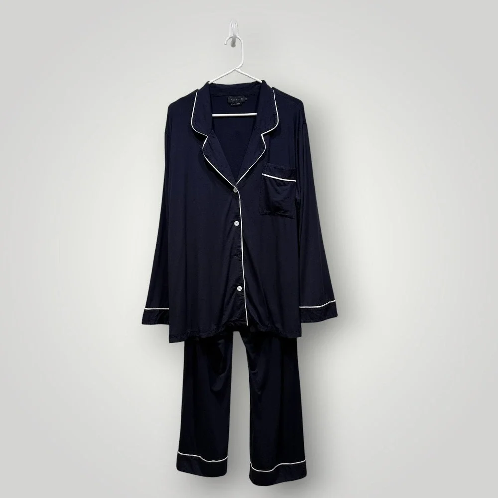 HATCH Womens Navy Blue Contrast Piping Modal Pajama Set Size L Maternity Sleep